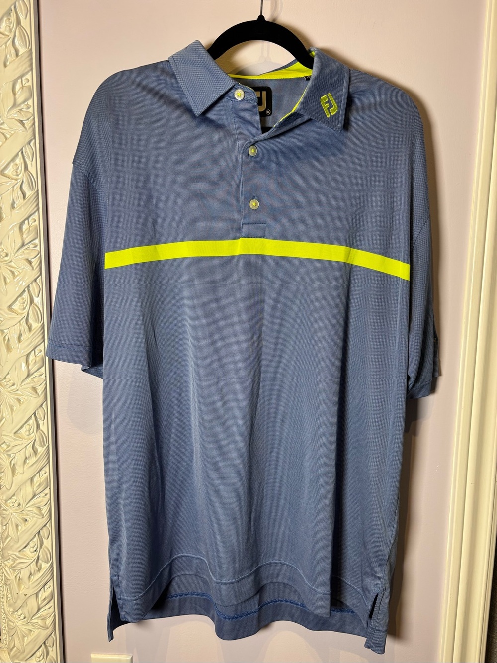 FootJoy Men's Sport Slate Blue Golf Polo with Neon Yellow Chest Band XL